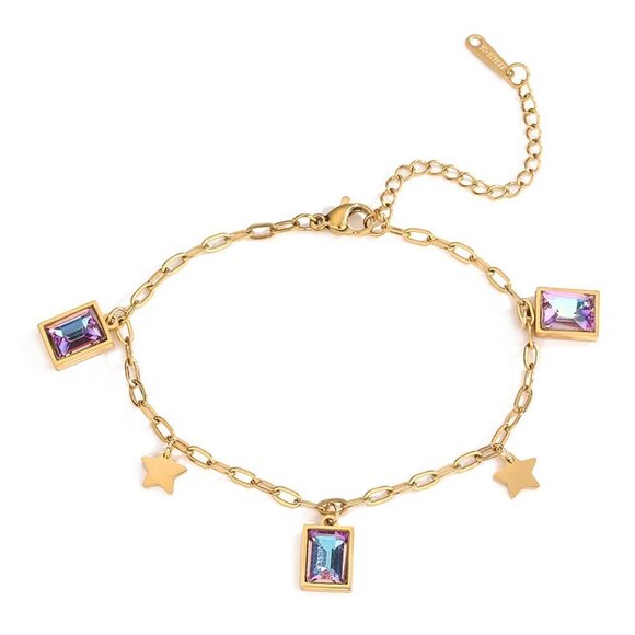 18K Gold Plated Stainless Steel Geometric Charm Bracelet, Mytsic Pink/Purple - Picture 1 of 5